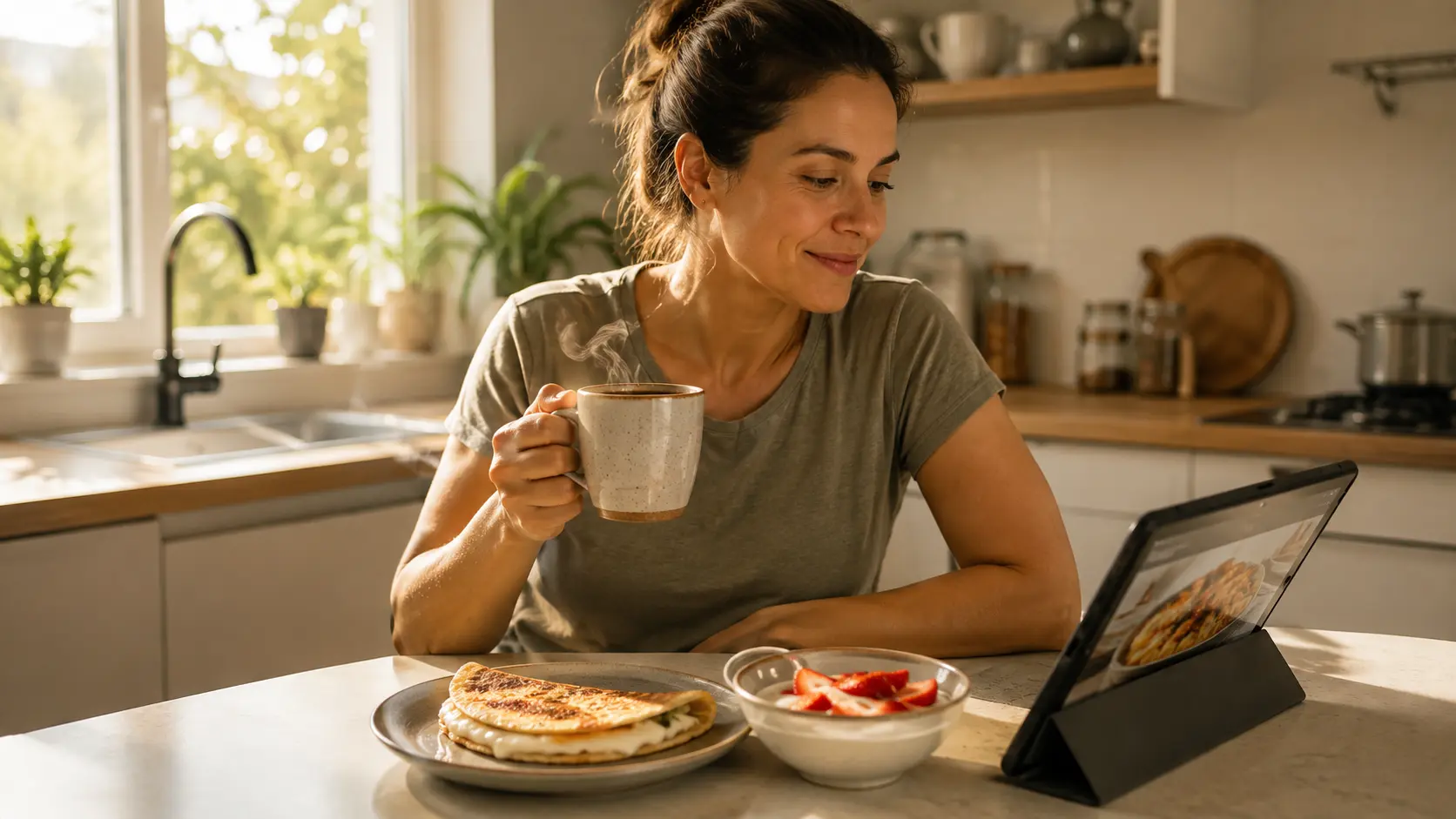 Mulher tomando café da manhã tranquila na cozinha